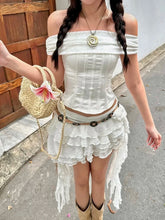 BXOXO Fashion Sweet 2 Piece Set Women One Shoulder Fishbone Tops+Multi-Layered Ruffles Tassel Mini Skirt Flowers Matching Suit